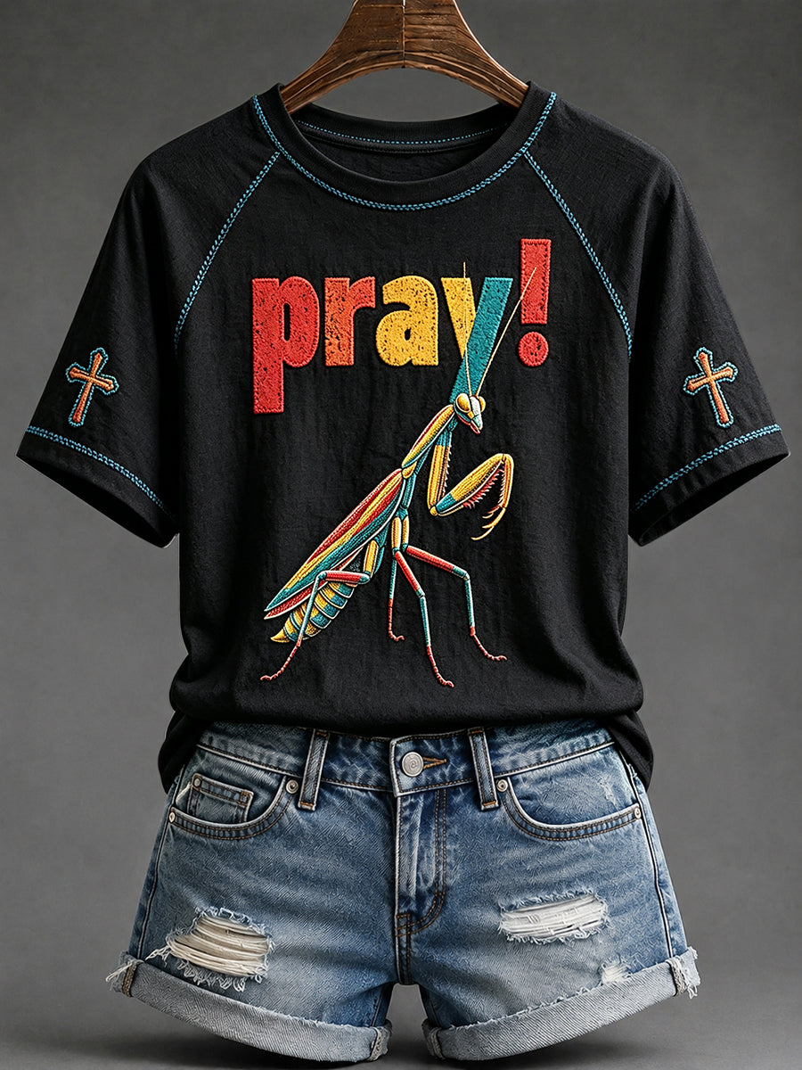 Women's Praying Mantis Cross Print Round Neck Short Sleeve T-shirt