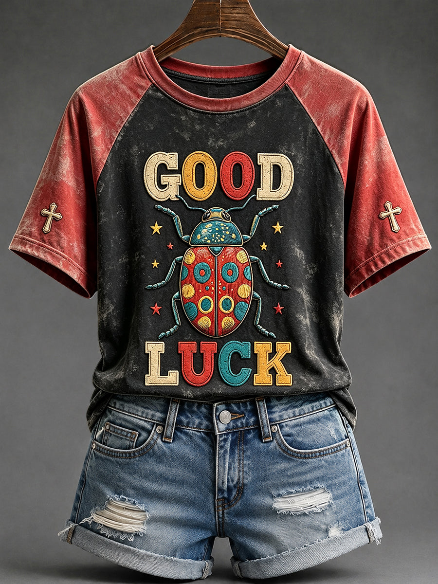 Women's Good Luck Ladybug Cross Print Round Neck Short Sleeve T-shirt