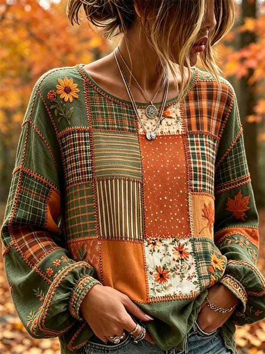 Women's Vintage Fall Fallen Leaves Floral Colorblock Patchwork Print Cotton-Linen Shirt