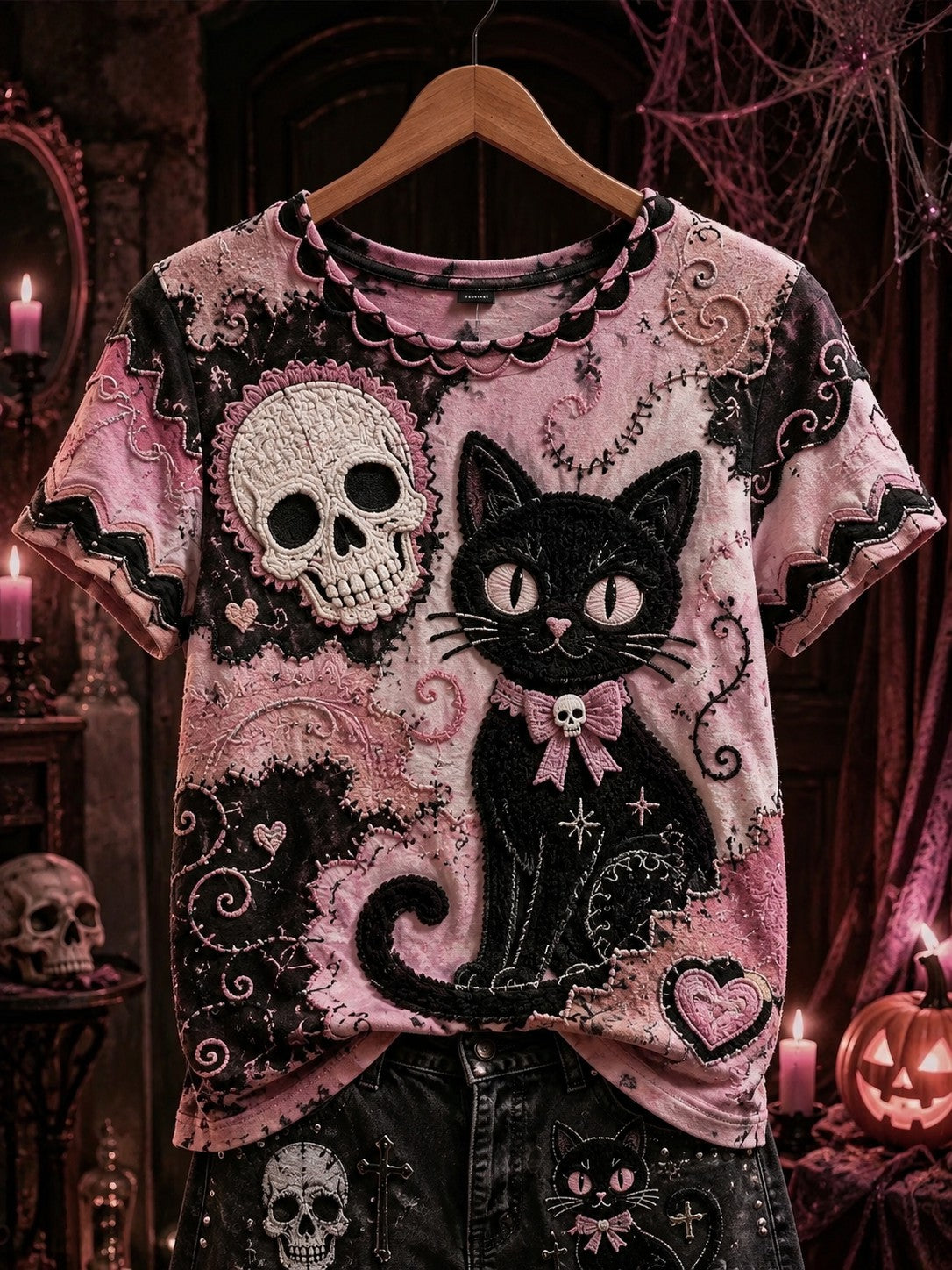 Women's Halloween Black Cat Printed T-shirt
