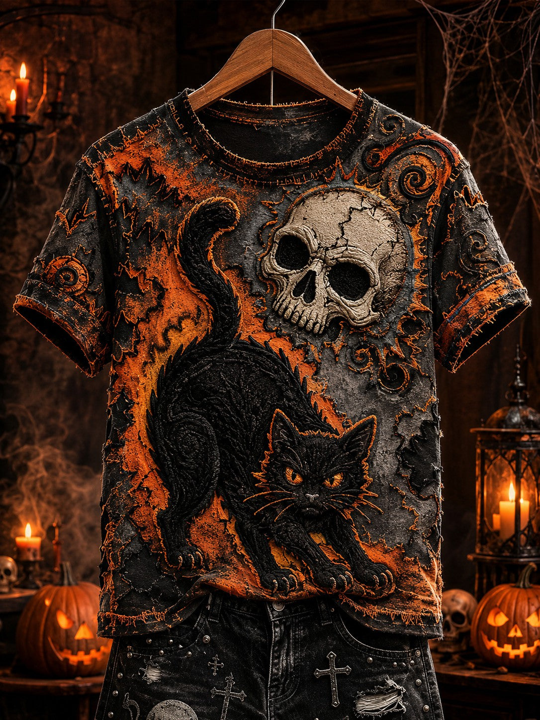 Women's Halloween Black Cat Printed T-shirt