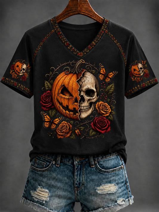 Women's Halloween Printed V-neck T-shirt