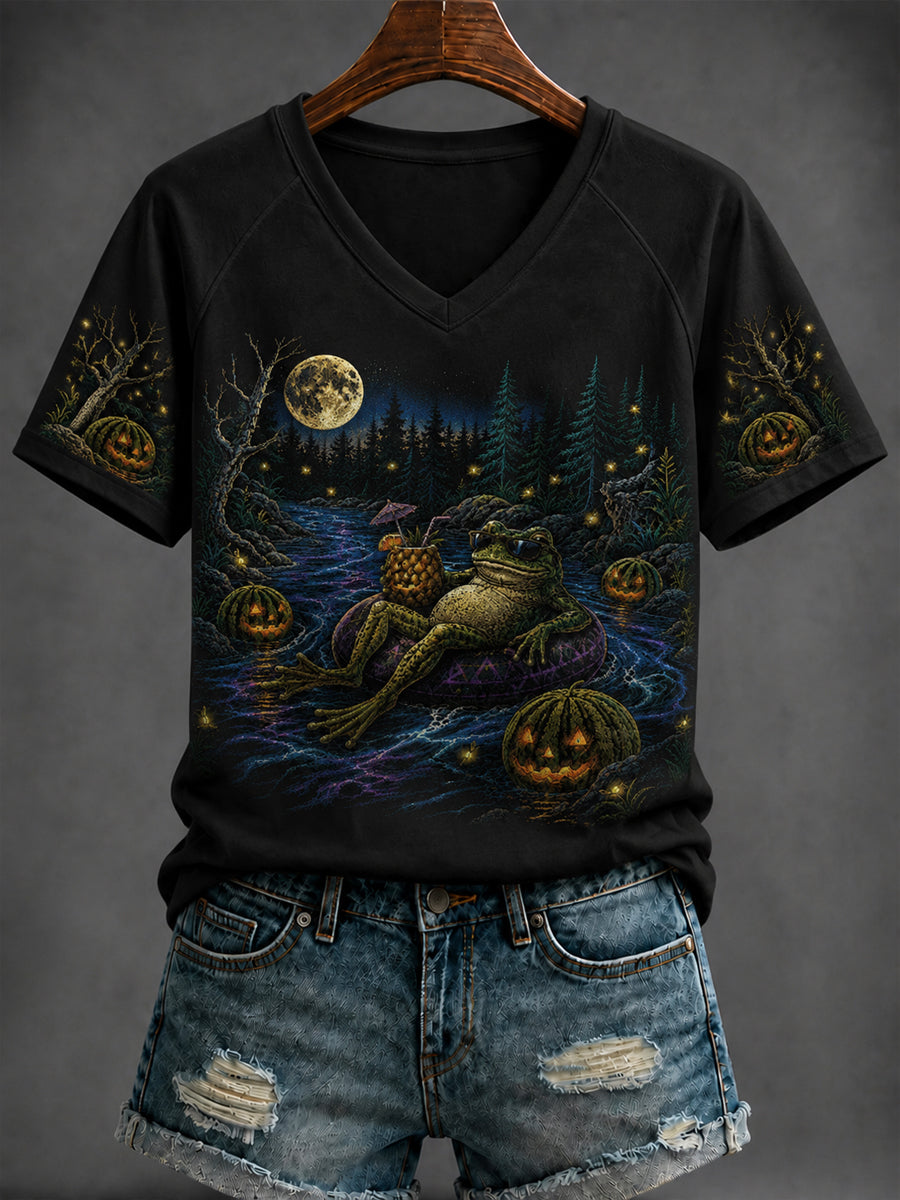 Women's Halloween Printed V-neck T-shirt
