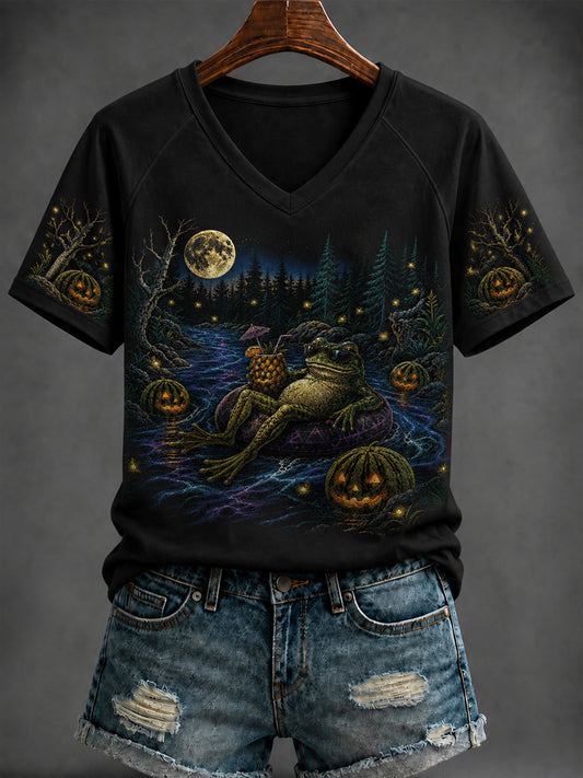 Women's Halloween Printed V-neck T-shirt