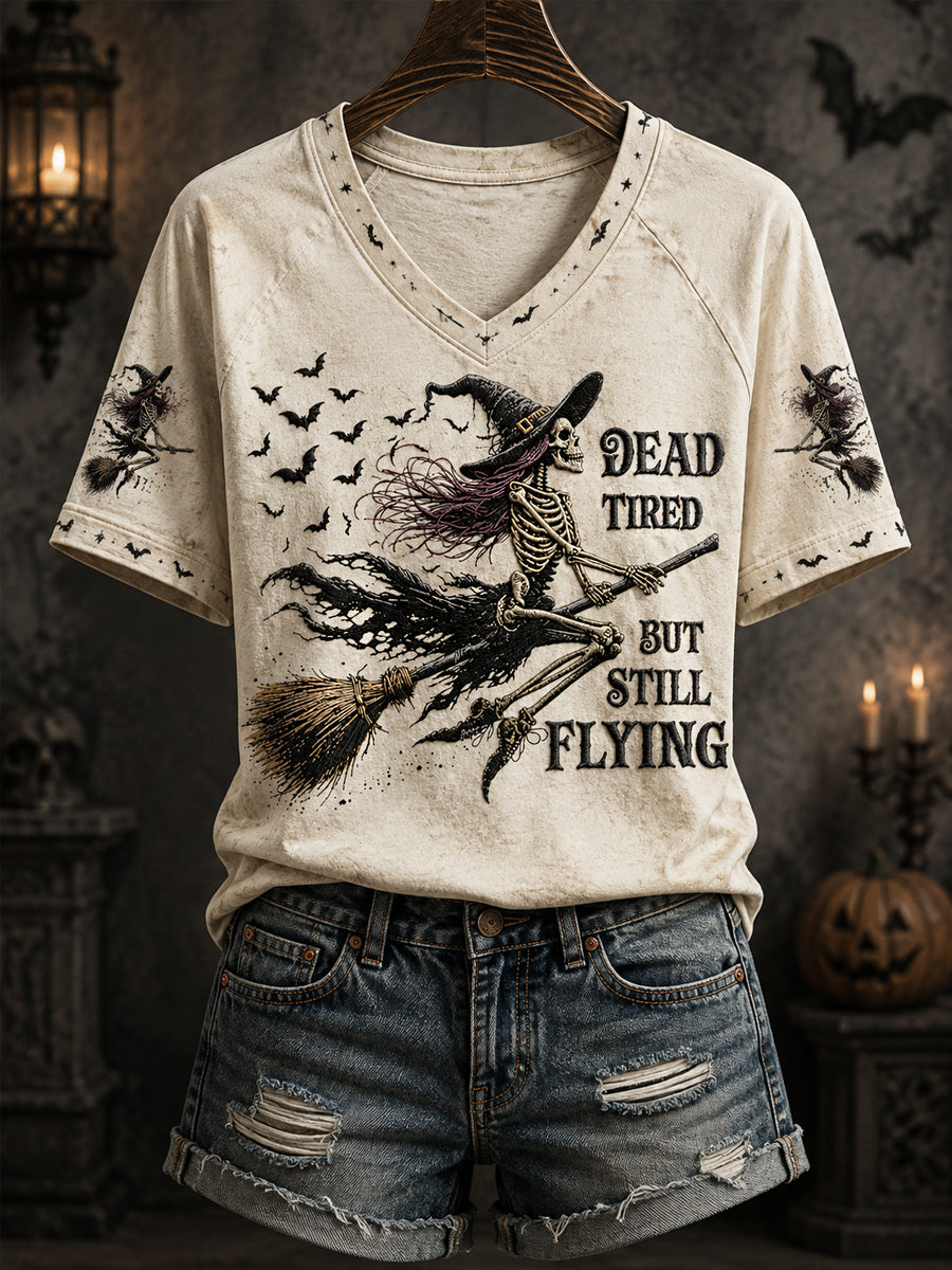 Women's Funny Halloween Skull Witch Print Casual V-Neck Tee