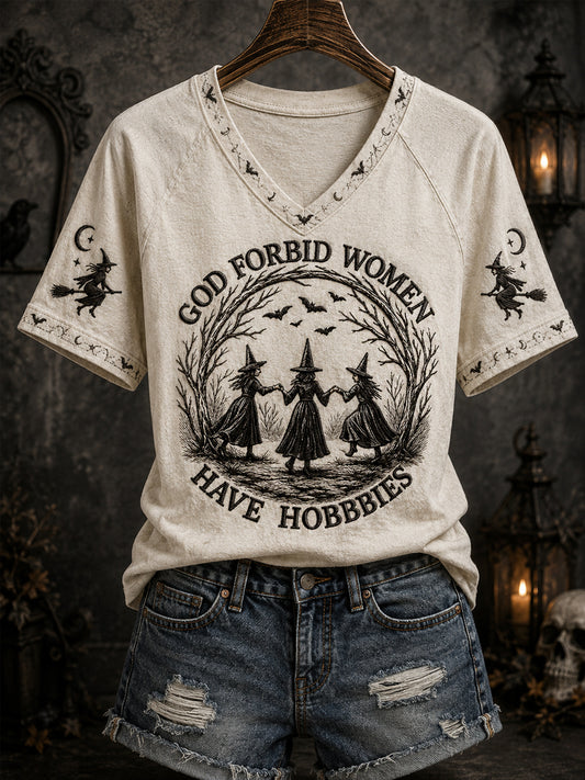 Women's Halloween Witches Print Casual V-Neck Tee