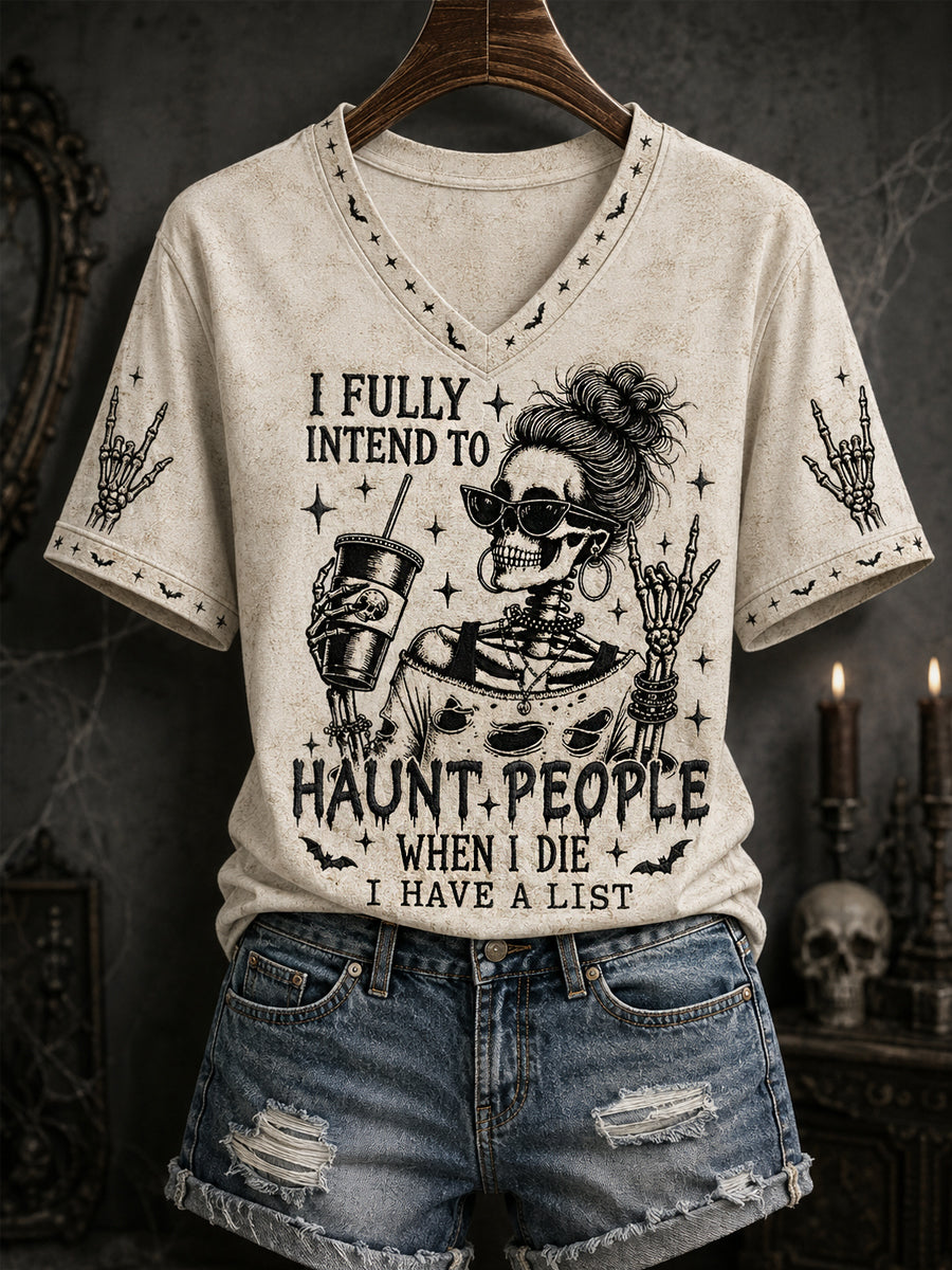 Women's Funny Halloween Skull Witch Print Casual V-Neck Tee