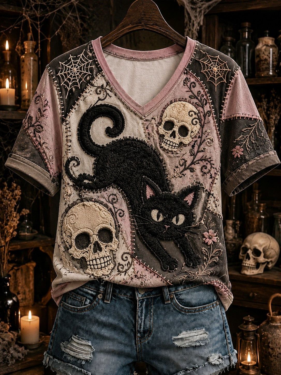 Women's Halloween Black Cat Printed V-neck T-shirt