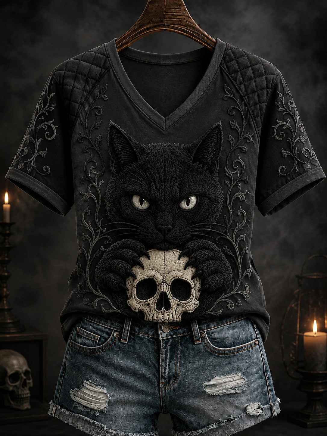Women's Halloween Black Cat Printed V-neck T-shirt