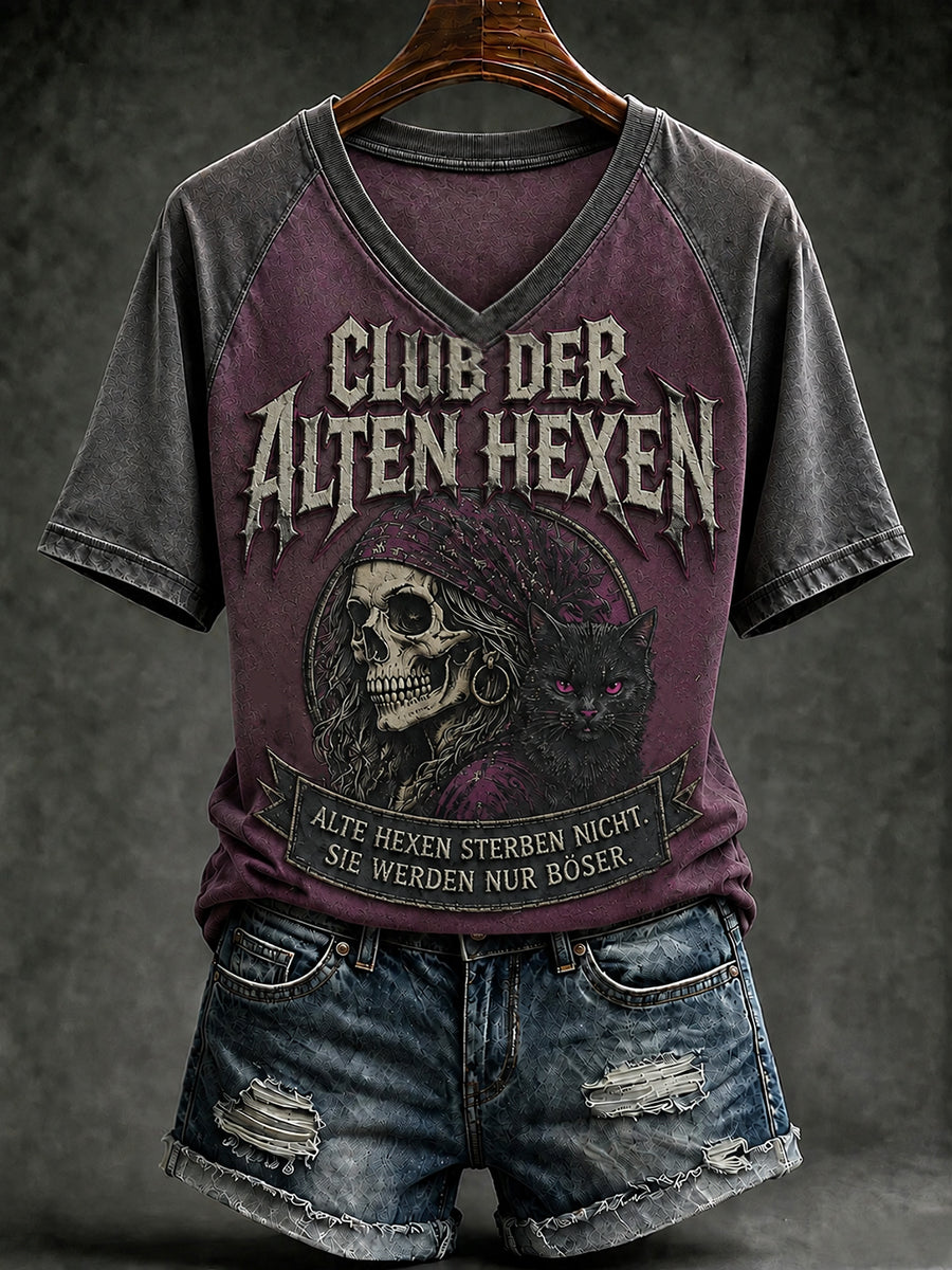 Women's Funny Halloween Print V-neck T-shirt