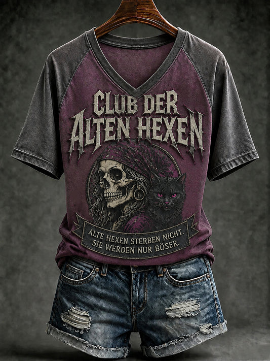 Women's Funny Halloween Print V-neck T-shirt