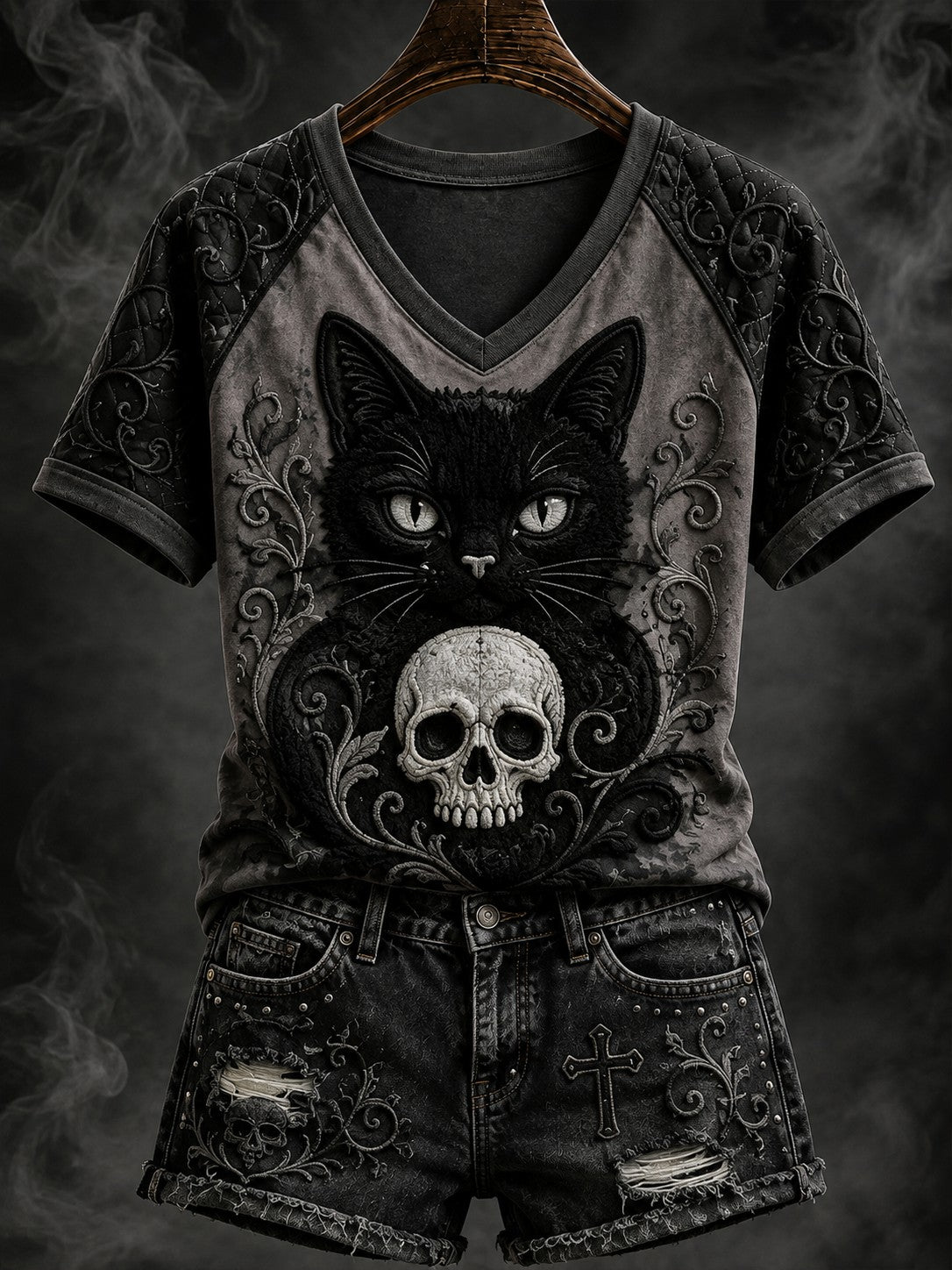 Women's Halloween Black Cat Printed V-neck T-shirt