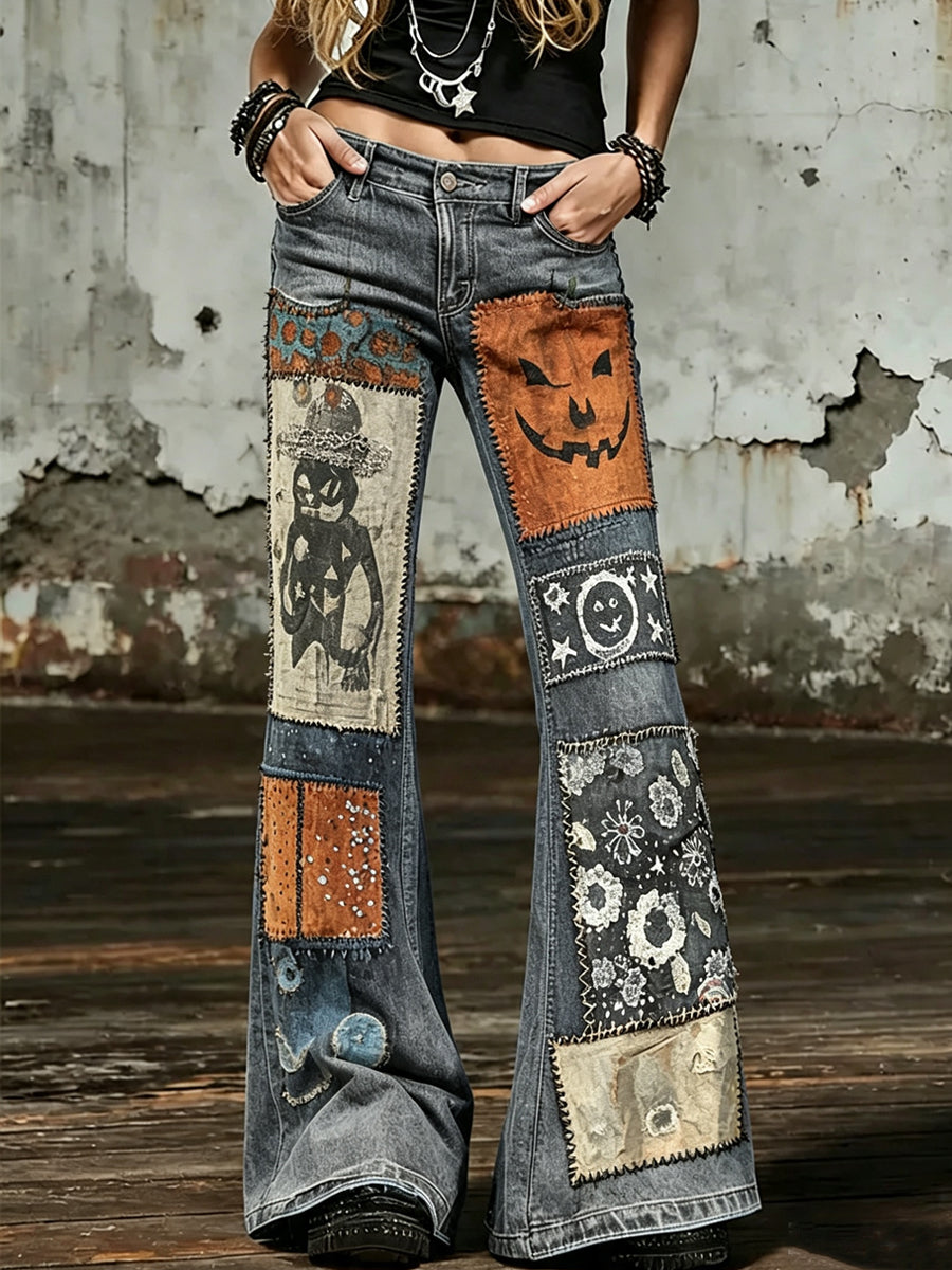 Women's Halloween Art Print Flared Trousers