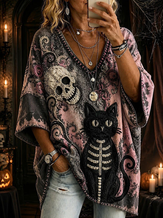 Women's Halloween Black Cat Printed V-neck T-shirt