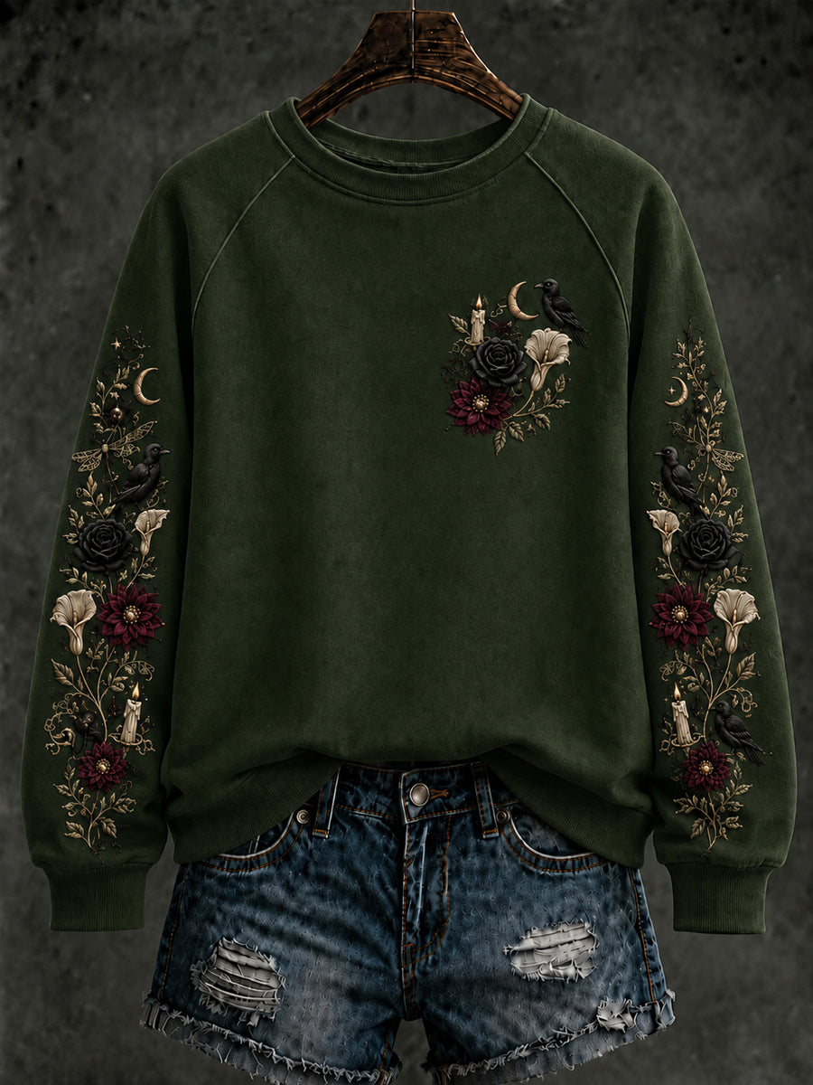Women's Halloween Flying Floral Raven  Regular Sweatshirt