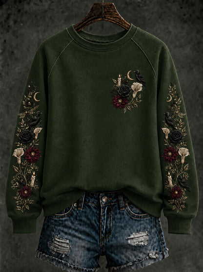 Women's Halloween Flying Floral Raven  Regular Sweatshirt