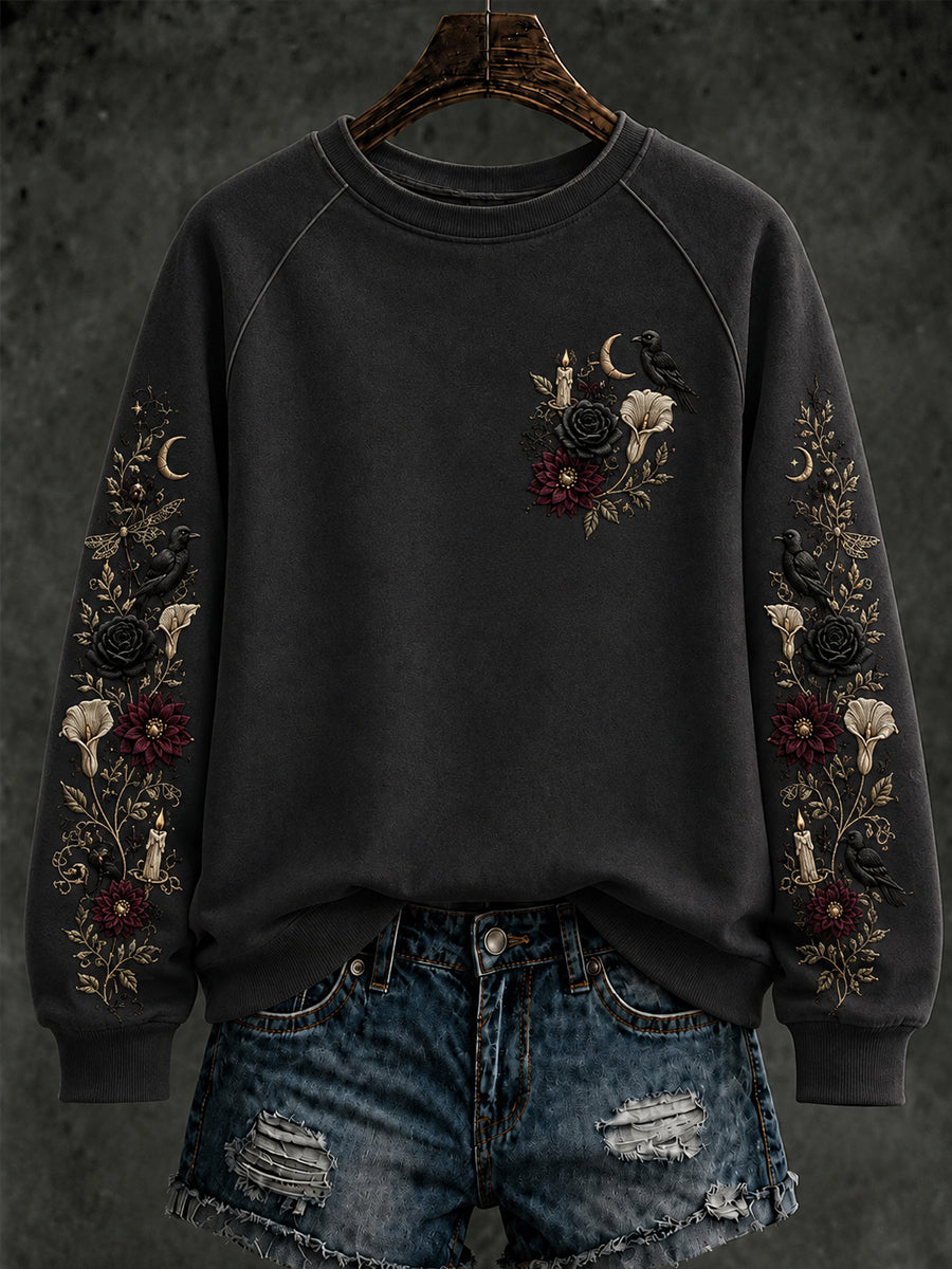 Women's Halloween Flying Floral Raven  Regular Sweatshirt
