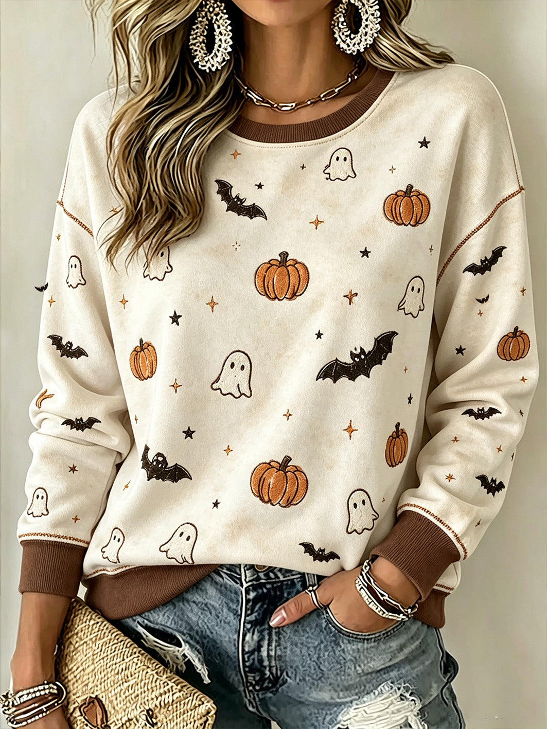 Women's Halloween-themed printed casual sweatshirt