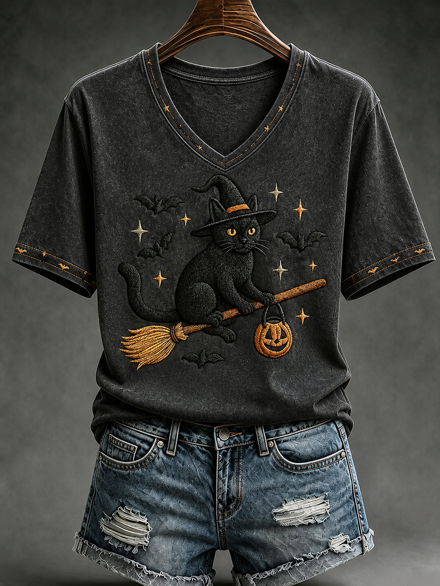 Women's Halloween Bat and Broomstick Black Cat Witch Short Sleeve T-shirt