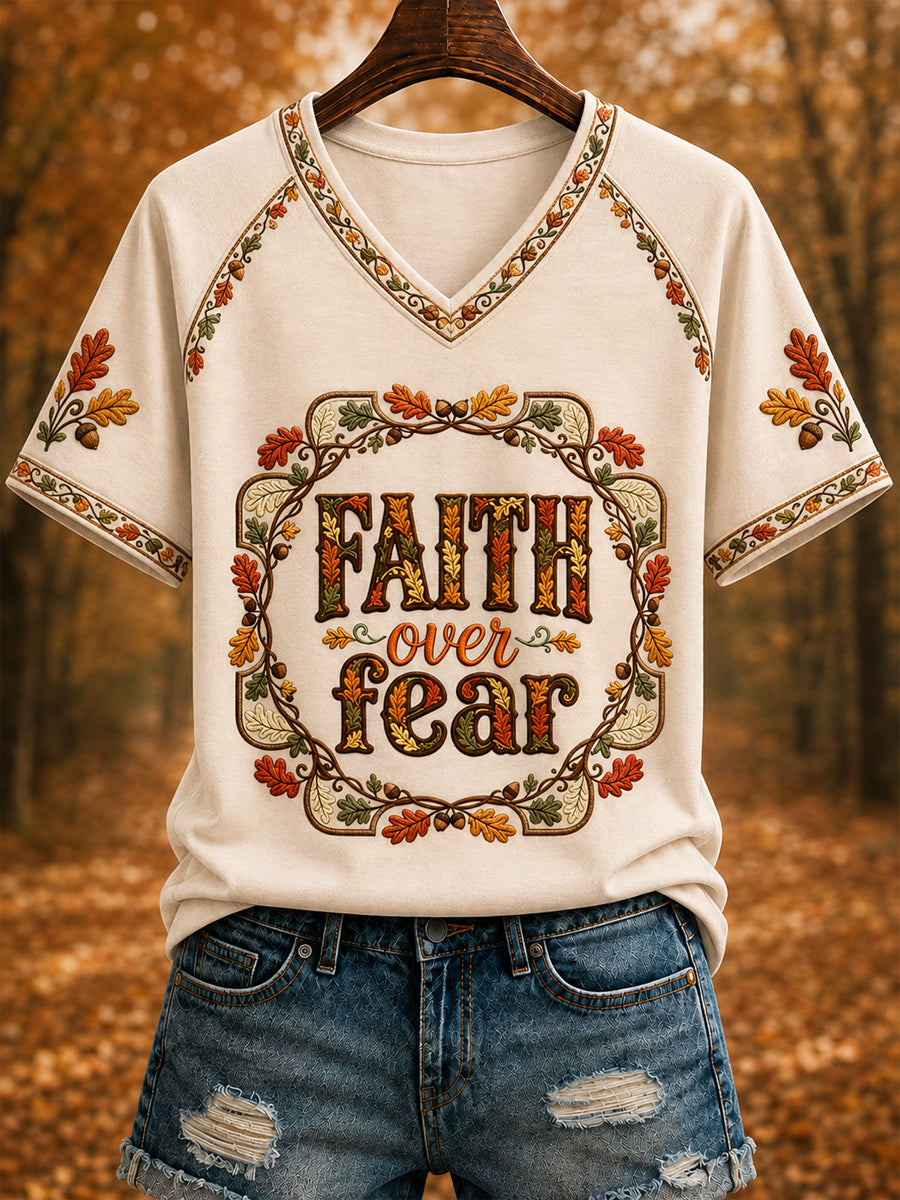 Women's Autumn Art "FAITH over fear" Printed V-neck T-shirt