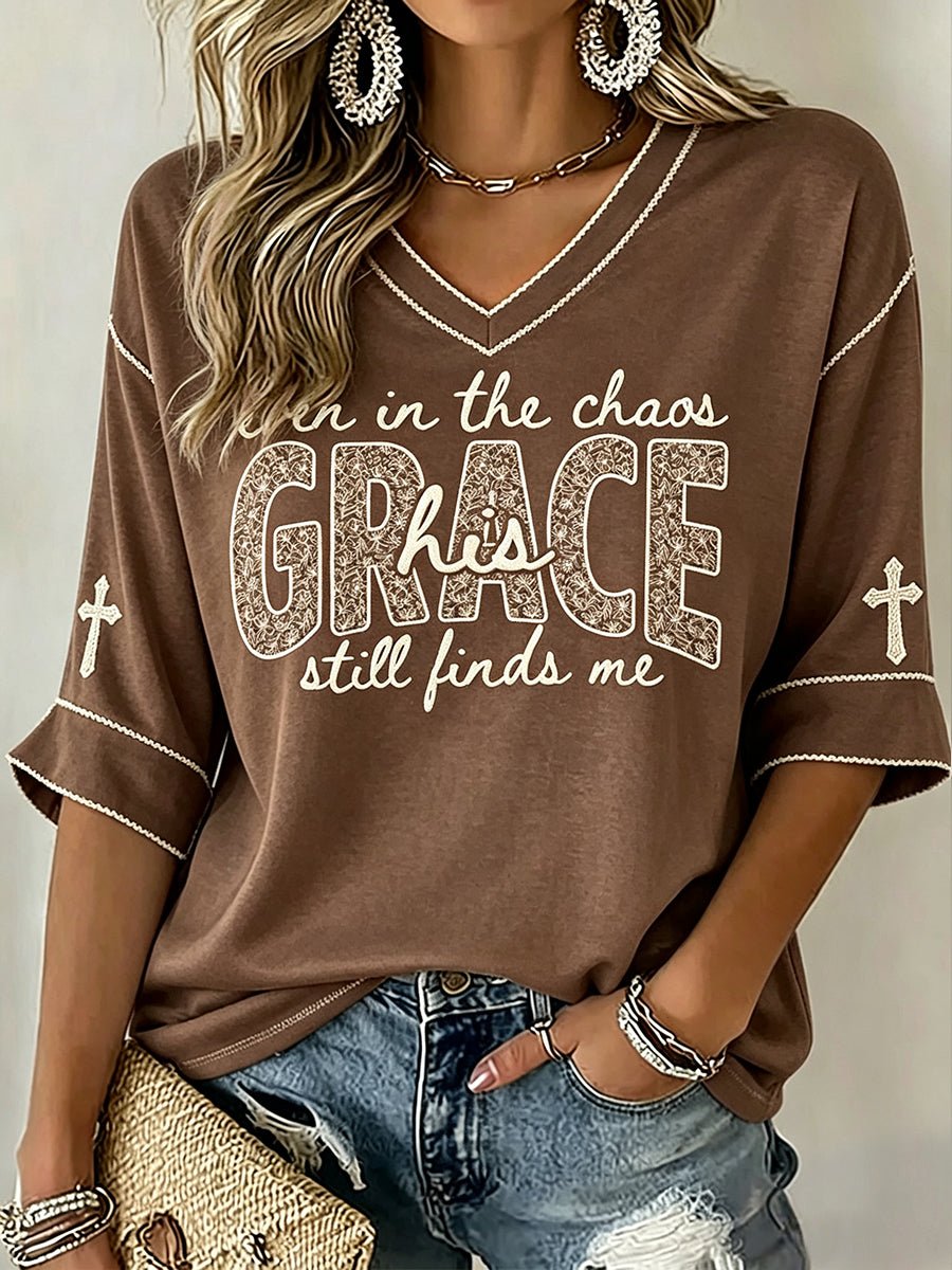 Women's His Grace Still Finds Me Christian Faith Floral Print Mid-length Sleeves V-Neck T-Shirt