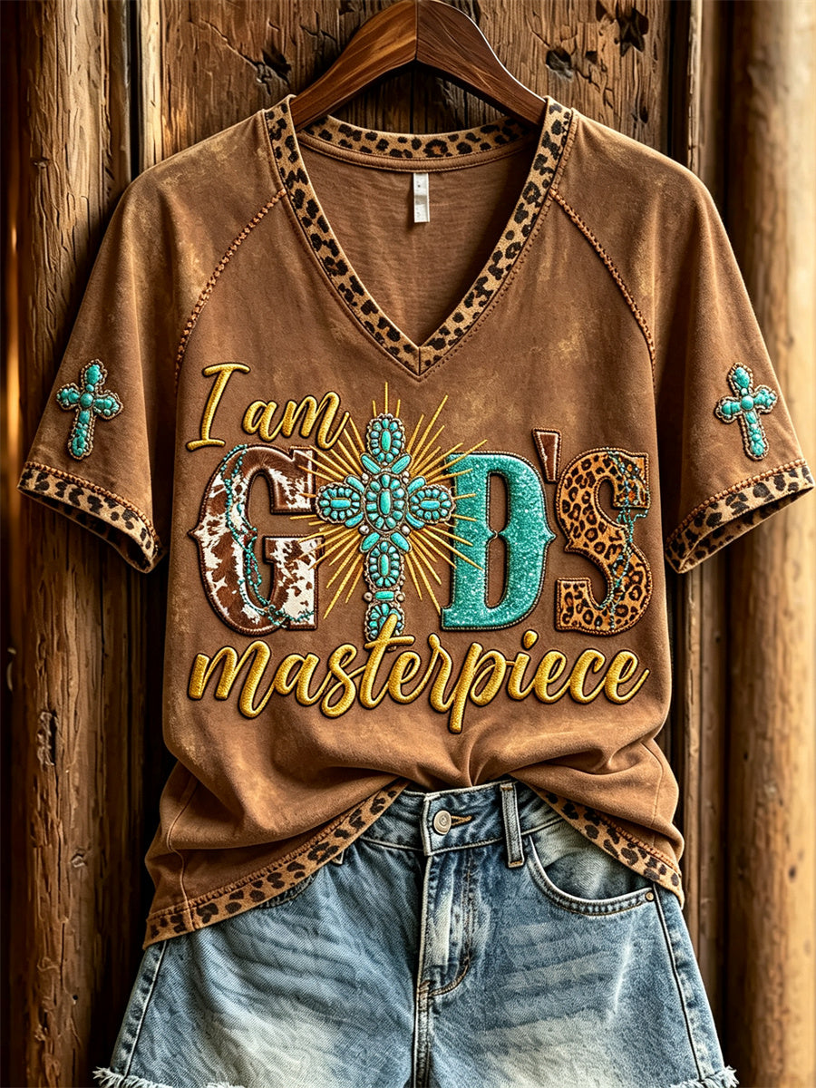 Women's I Am God's Masterpiece Turquoise Cross Western Print short-sleeved T-shirt