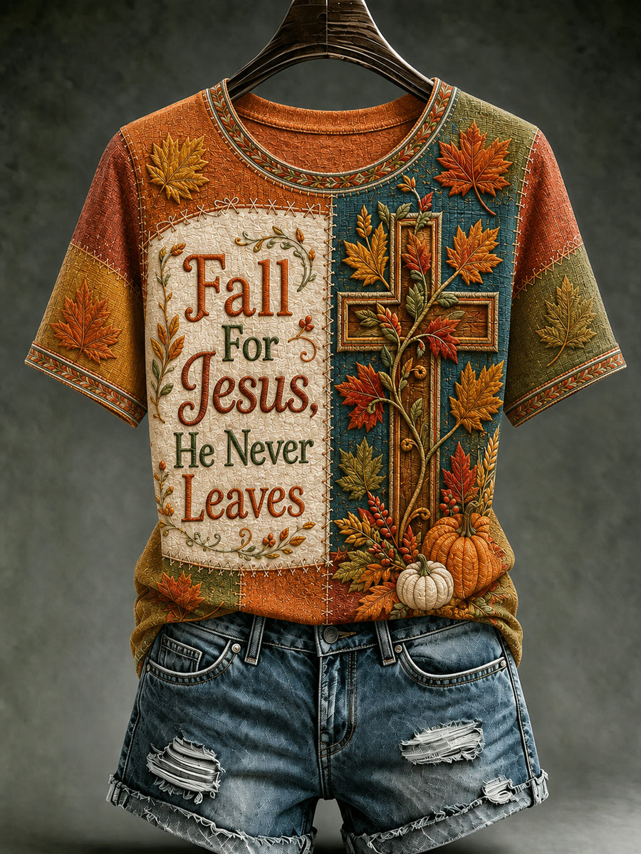 Women's Fall Jesus Cross Art Short Sleeve T-shirt