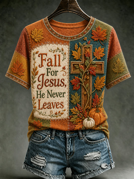 Women's Fall Jesus Cross Art Short Sleeve T-shirt