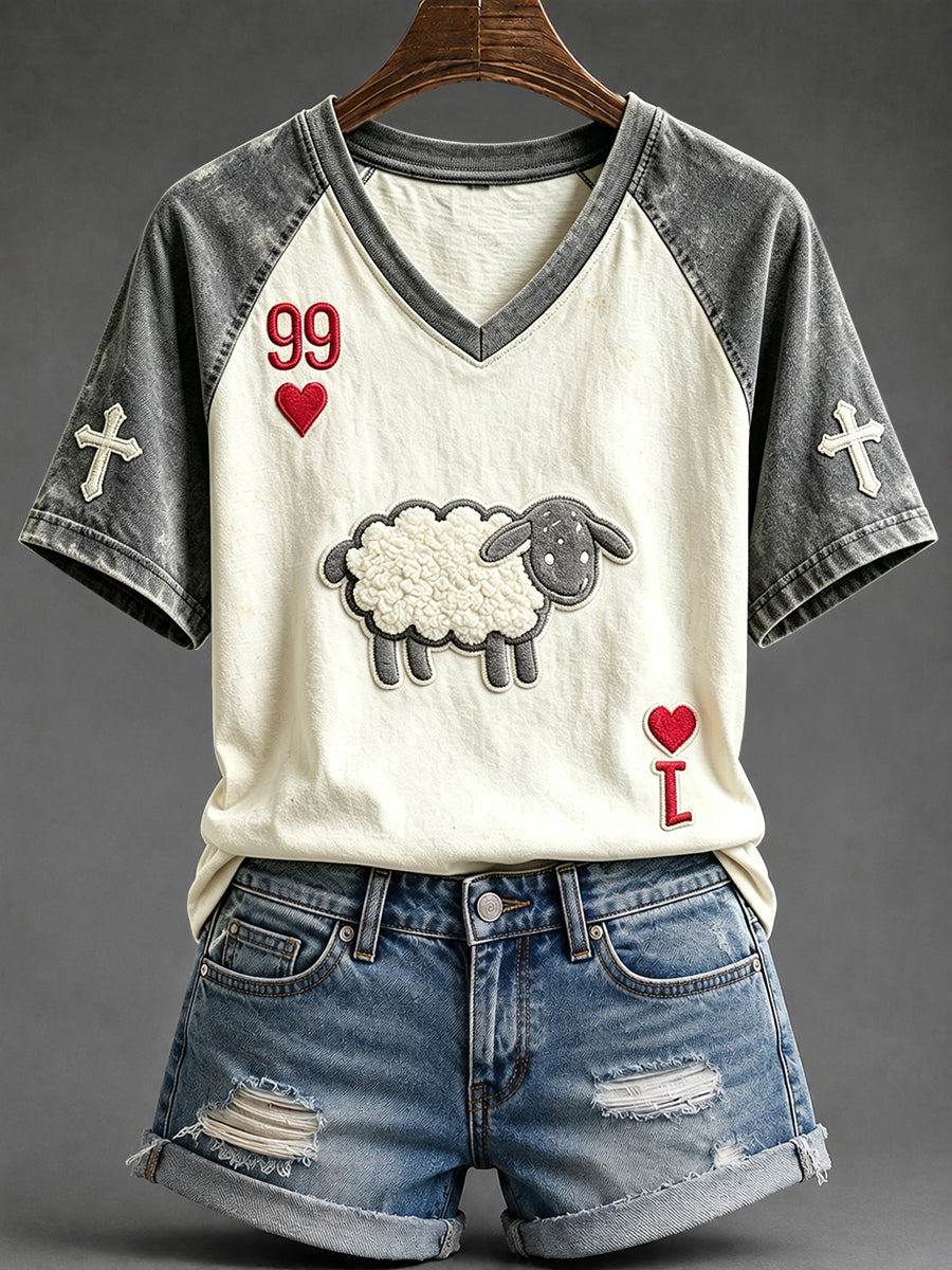 Women's He Left The 99 Playing Card Inspired Faith Print V-neck Short-sleeved T-shirt