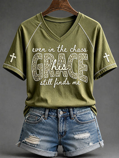 Women's His Grace Still Finds Me Christian Faith Floral Print V-neck Short-sleeved T-shirt