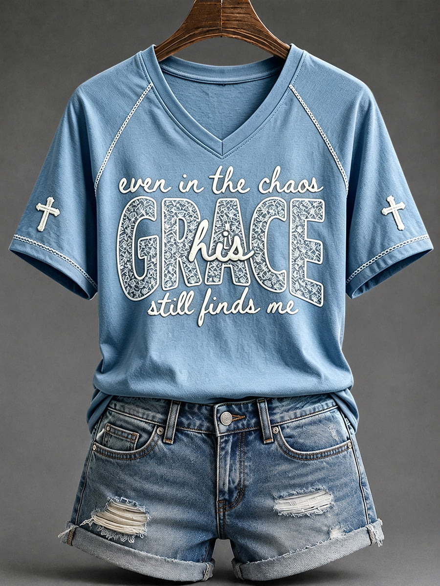 Women's His Grace Still Finds Me Christian Faith Floral Print V-neck Short-sleeved T-shirt