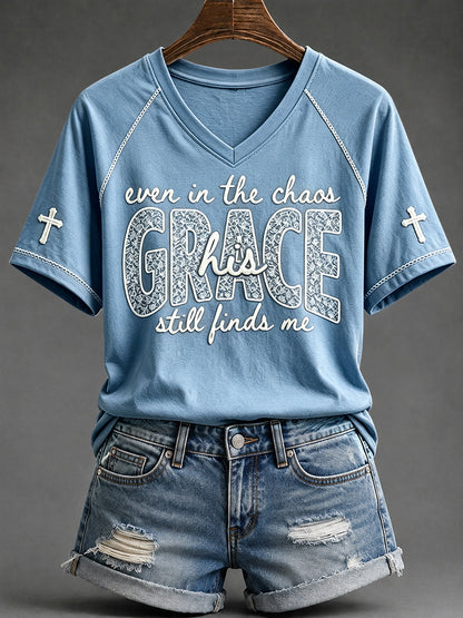 Women's His Grace Still Finds Me Christian Faith Floral Print V-neck Short-sleeved T-shirt