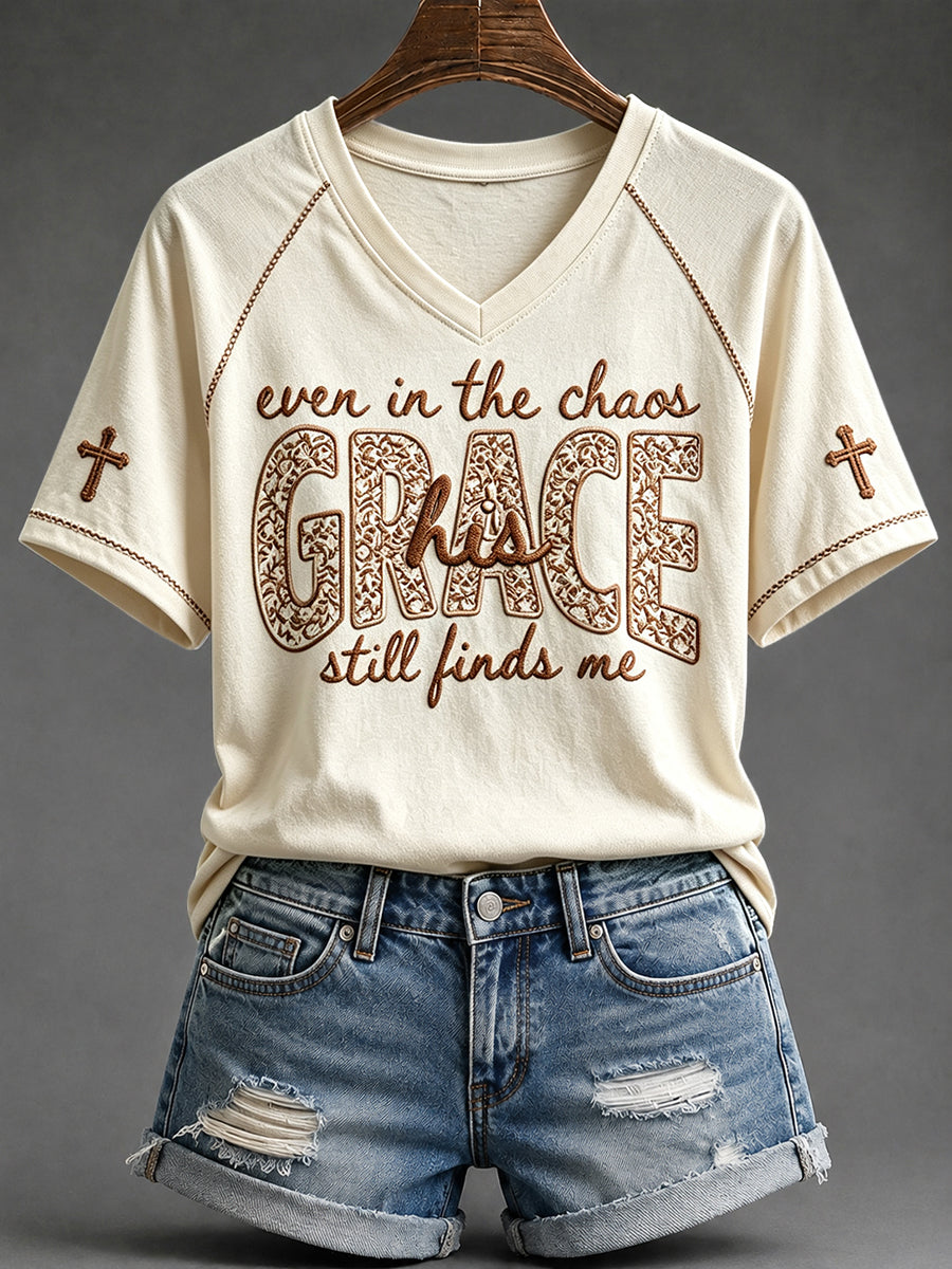 Women's His Grace Still Finds Me Christian Faith Floral Print V-neck Short-sleeved T-shirt