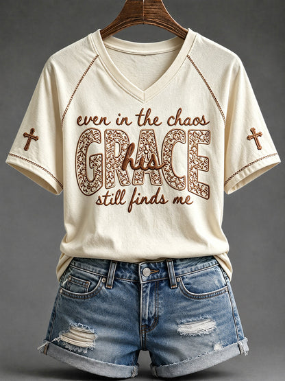 Women's His Grace Still Finds Me Christian Faith Floral Print V-neck Short-sleeved T-shirt