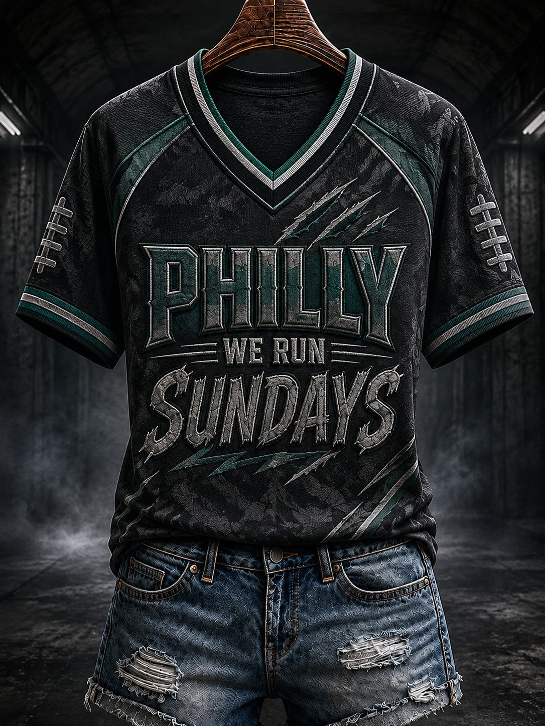 Women's Football Philly WE RUN SUNDAYS Printed V-neck T-shirt