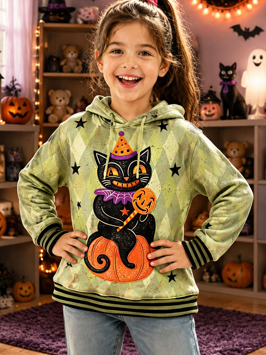 Girls' Halloween Pumpkin and Cat Print Casual Hoodie