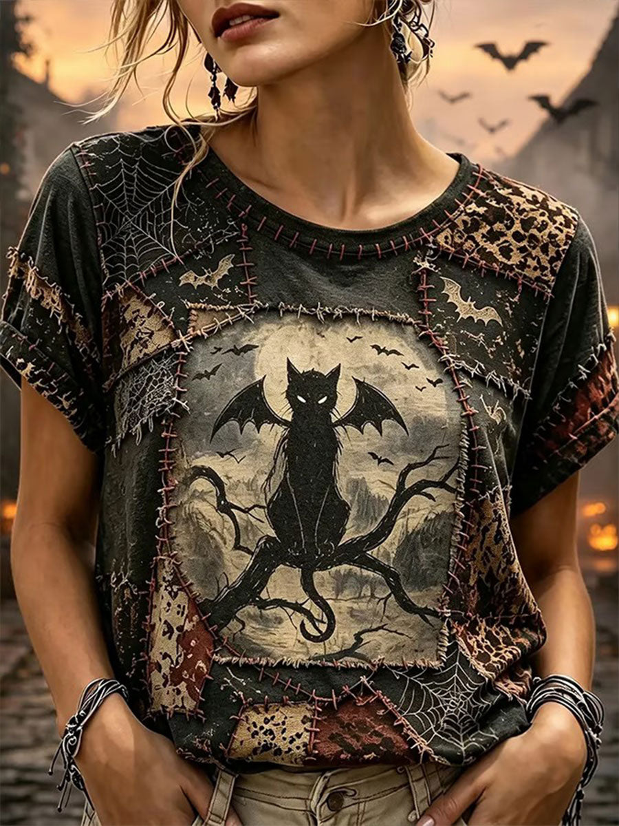 Women's Halloween Black Cat Short-sleeved T-shirt