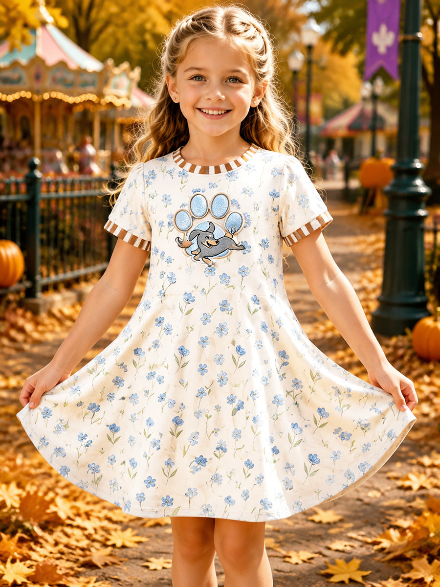 Girls' Floral and Puppy-Print Casual Fall Short-Sleeve Dress