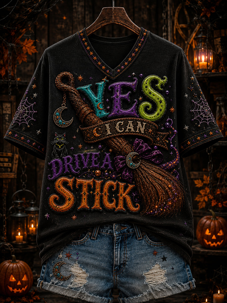 Women's “YES I CAN DRIVE A STICK ” Printed V-neck T-shirt