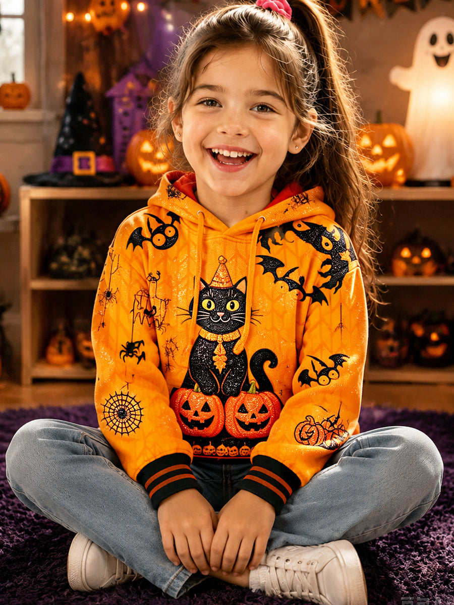 Girls' Orange Halloween Cat-Print Casual Hoodie