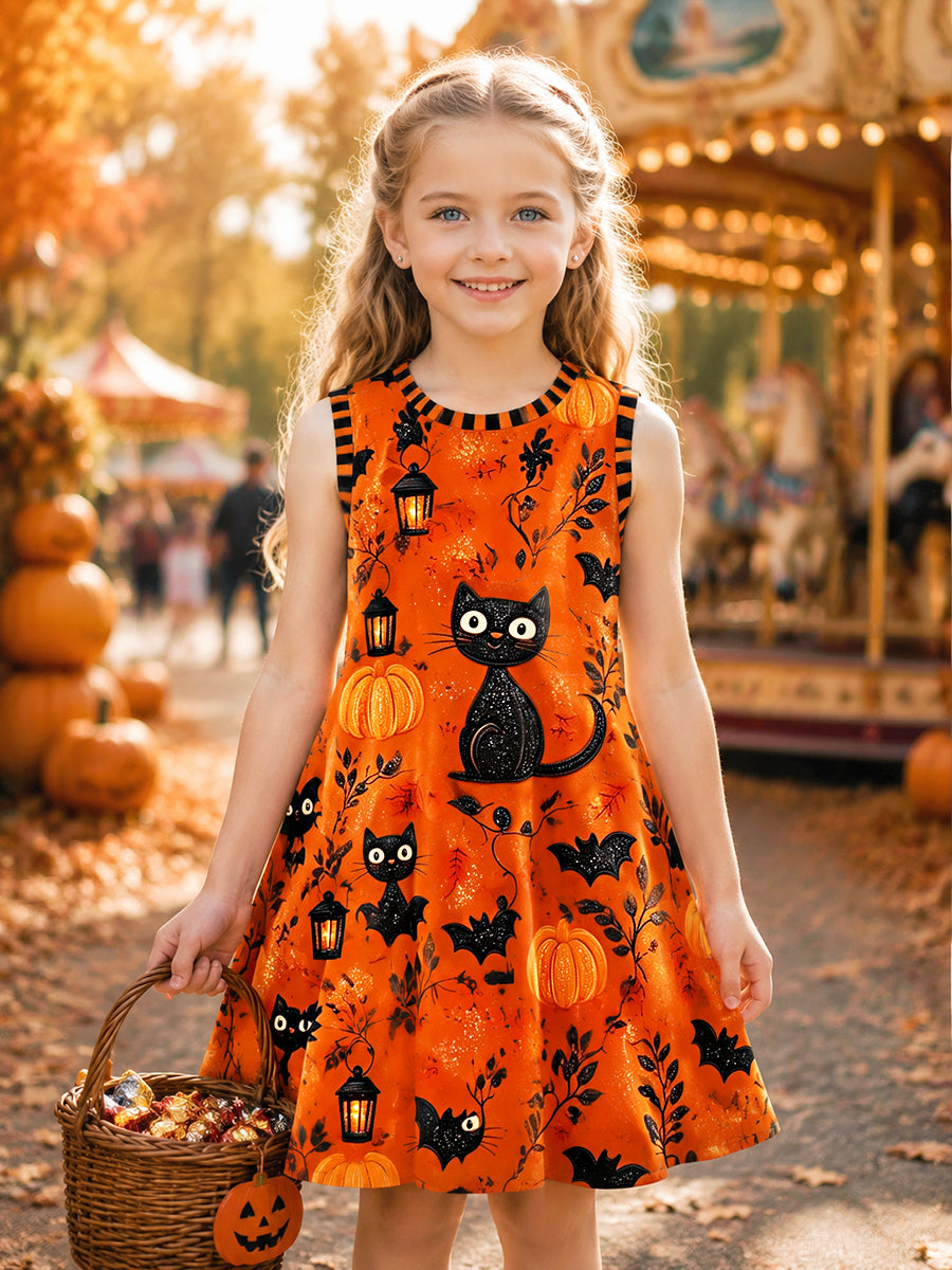 Girls' Orange Halloween Cat-Print Casual Dress
