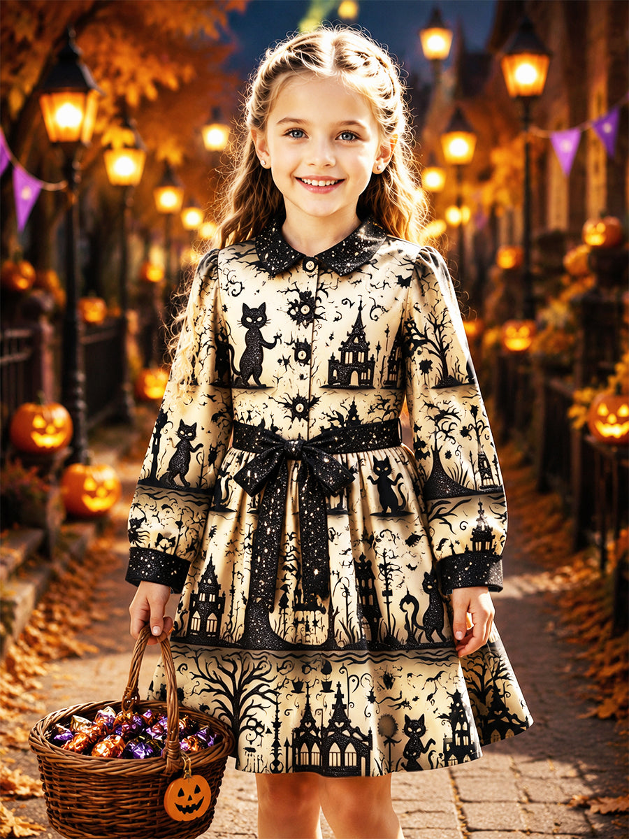 Girls' Halloween-Printed Casual Fall Long-Sleeve Shirt Dress
