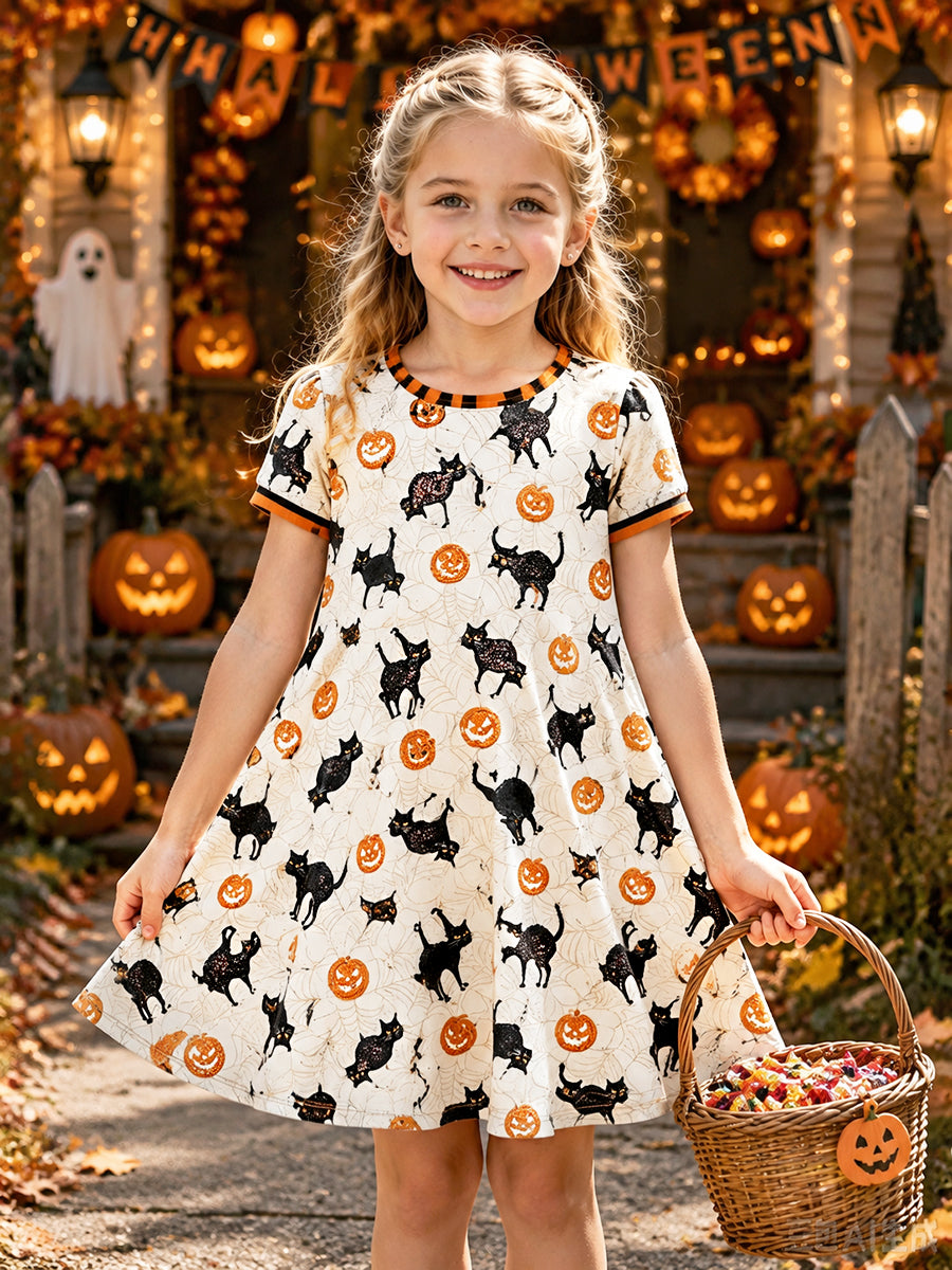Girls' Off-White Halloween Cat-Print Casual Fall Short-Sleeve Dress