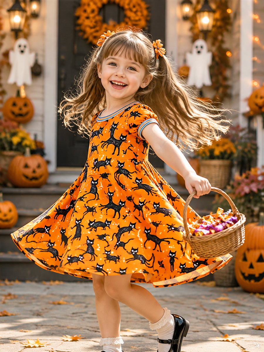 Girls' Orange Halloween Cat-Print Casual Fall Short-Sleeve Dress