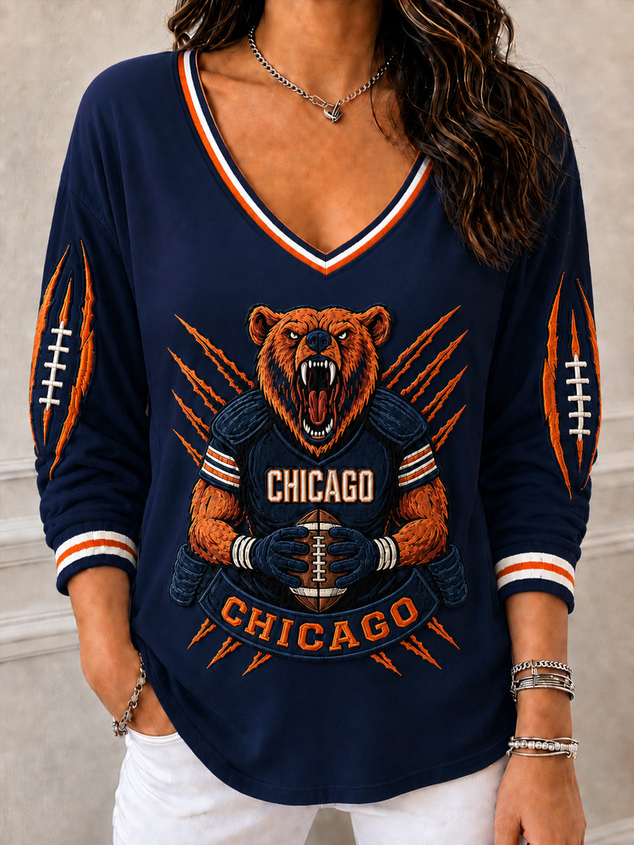 Women's Football Gameday Gift For Football Fans V-Neck Long Sleeve T-Shirt