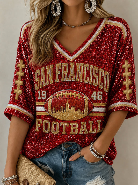 Women's Football Gameday Gift For Football Fans  Mid-length Sleeves V-Neck T-Shirt
