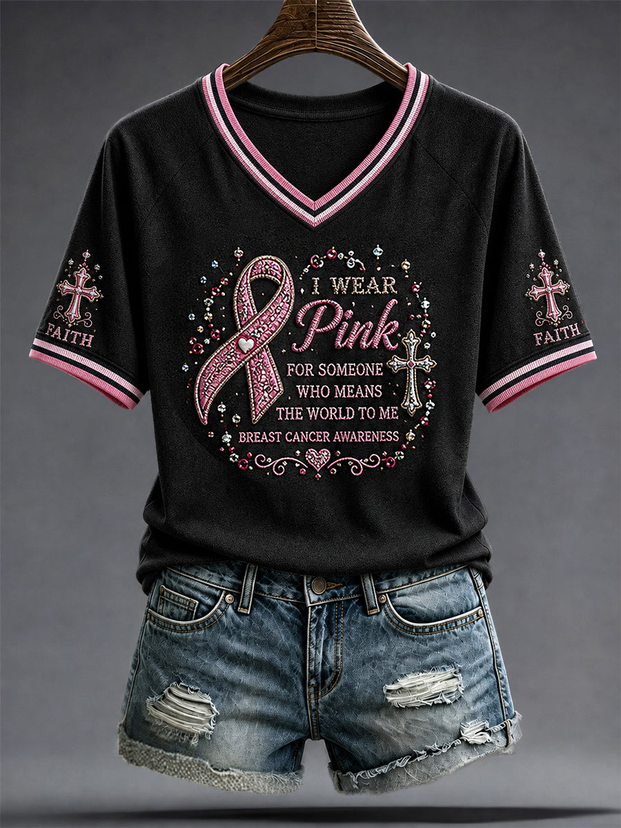Artistic V-neck T-shirt for Breast Cancer Supporters