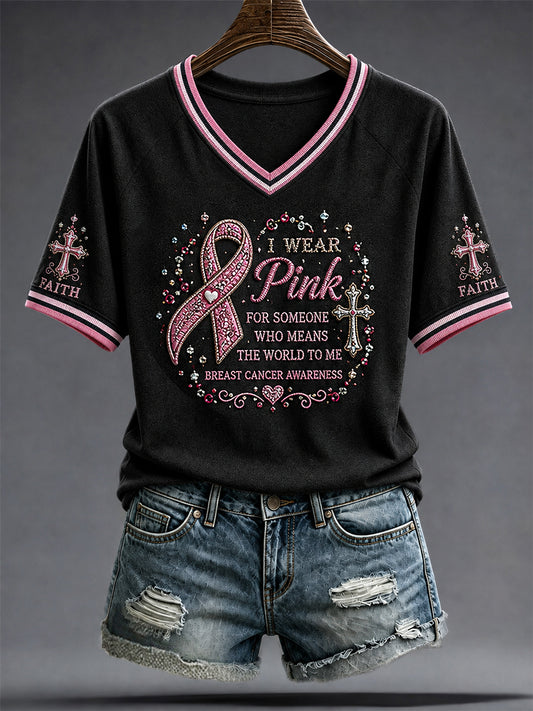 Artistic V-neck T-shirt for Breast Cancer Supporters