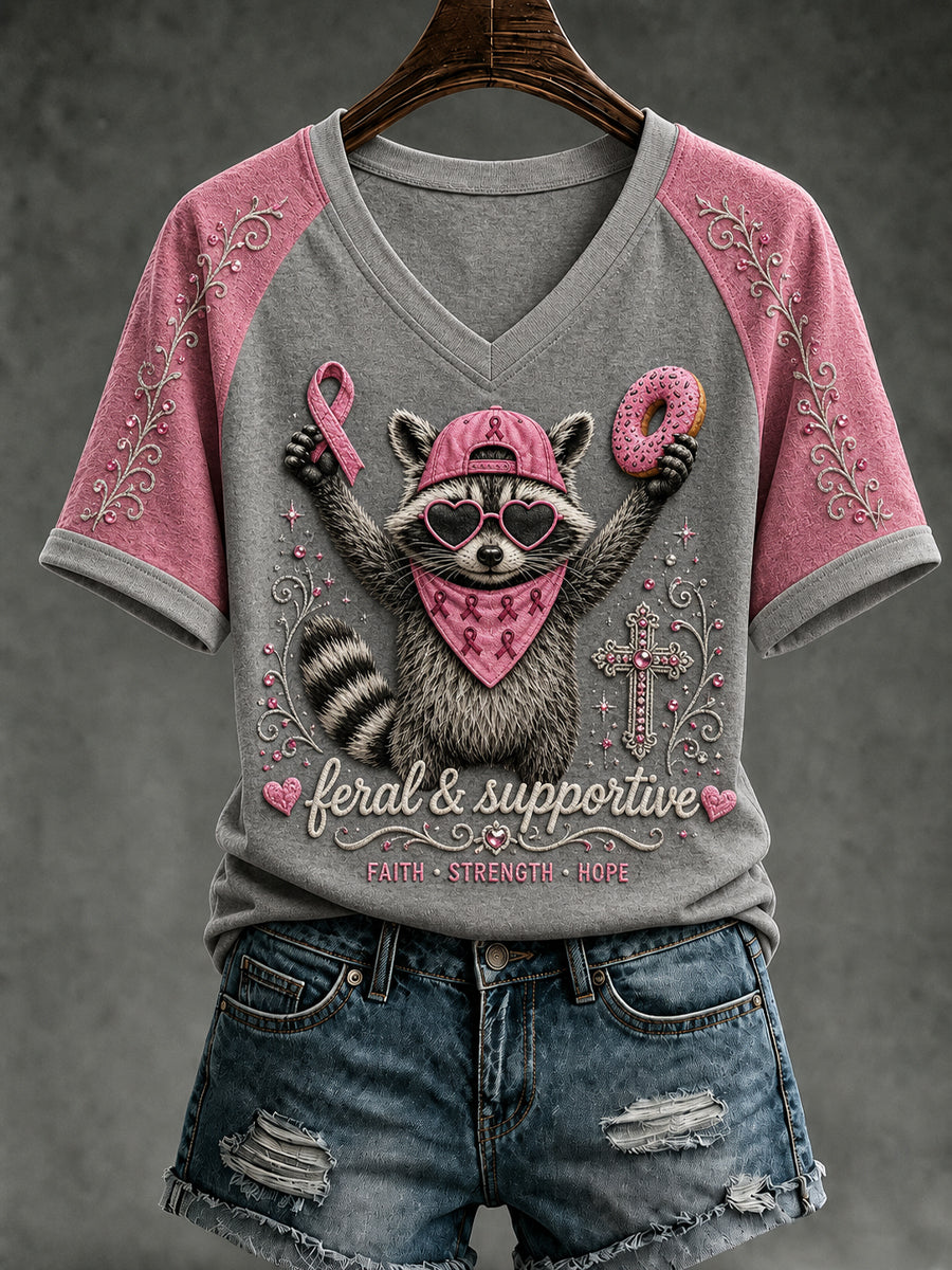 Breast Cancer Awareness Pink Ribbon T-Shirt with Raccoon V-Neck Design