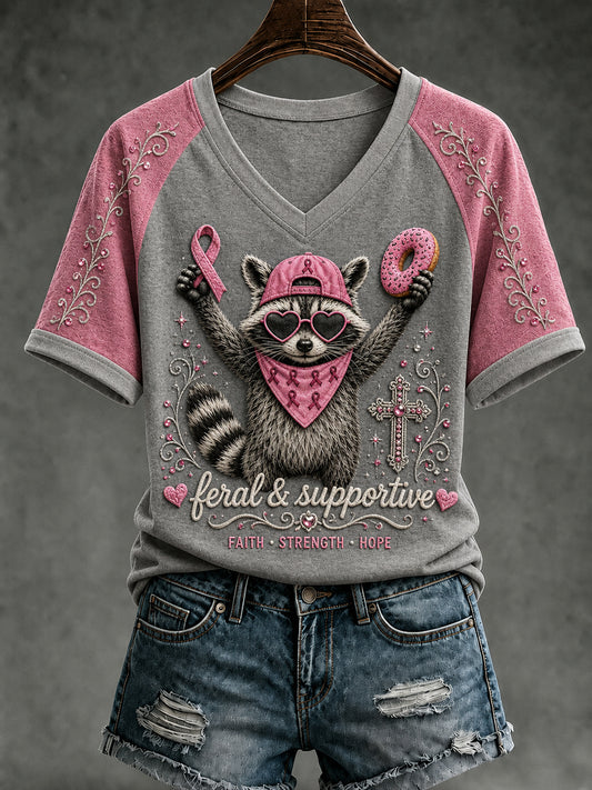 Breast Cancer Awareness Pink Ribbon T-Shirt with Raccoon V-Neck Design